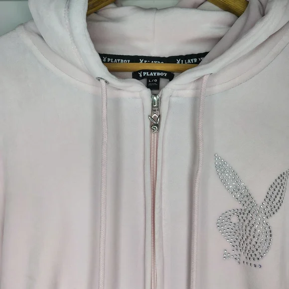 PLAYBOY Pale Pink Velour Zip-Up Hoodie with Crystal Bunny - Picture 2 of 3